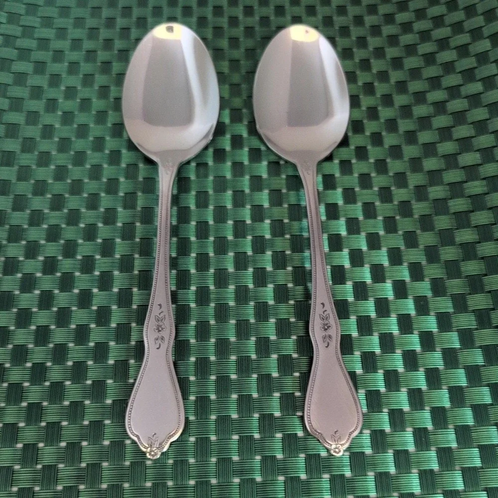 Oneida MORNING BLOSSOM Soup Spoons Set Lot of 2 Stainless Burnished Floral USA